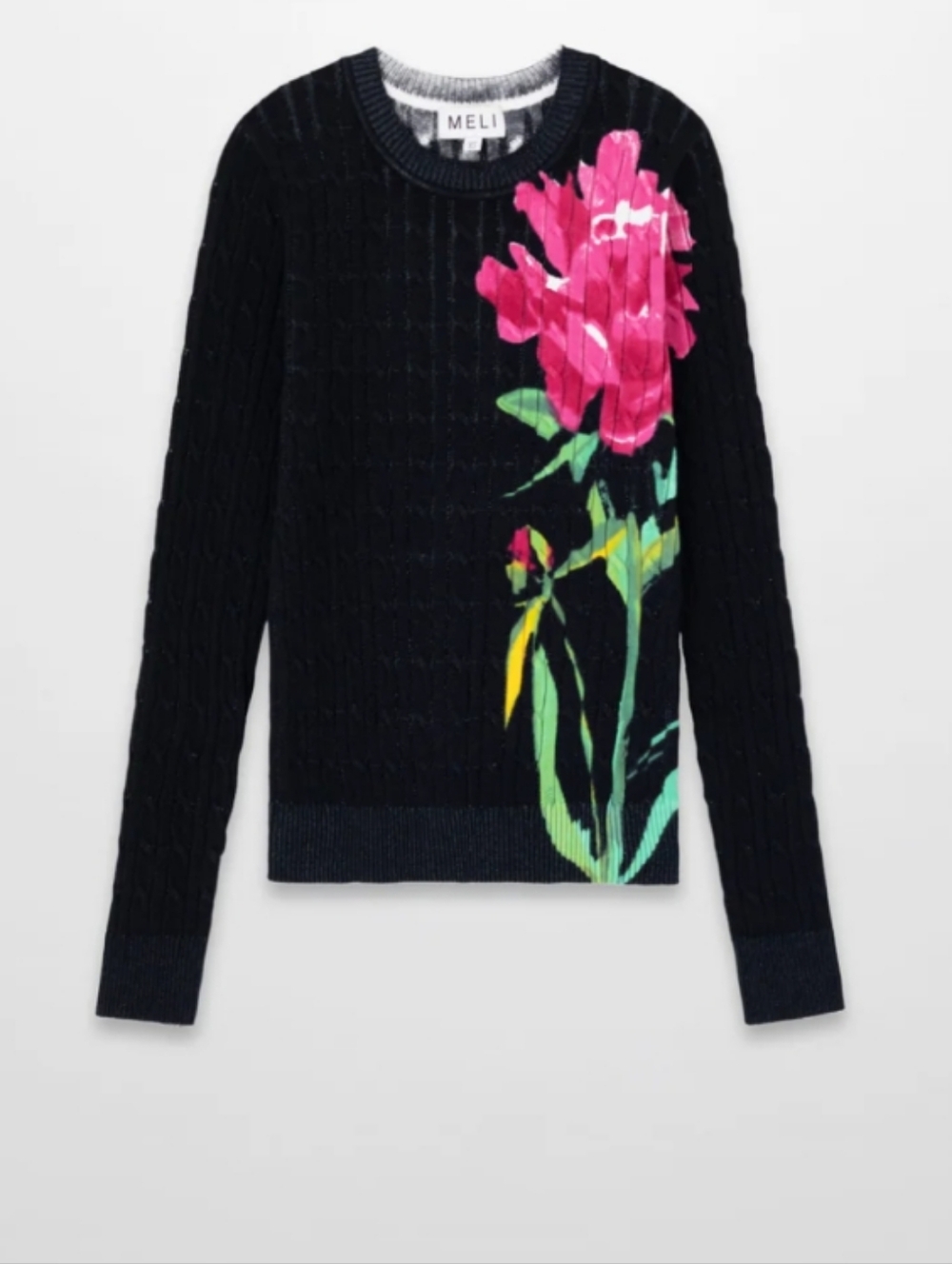 Cable Knit Sweater With Flower Applique Size M RUNS SMALL